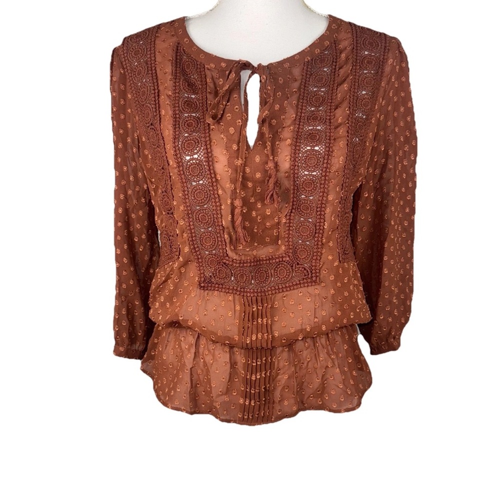 Daniel Rainn DR2 XS Rust Swiss Dot 3/4 Sleeve Blouse Top Boho Peasant Cottage